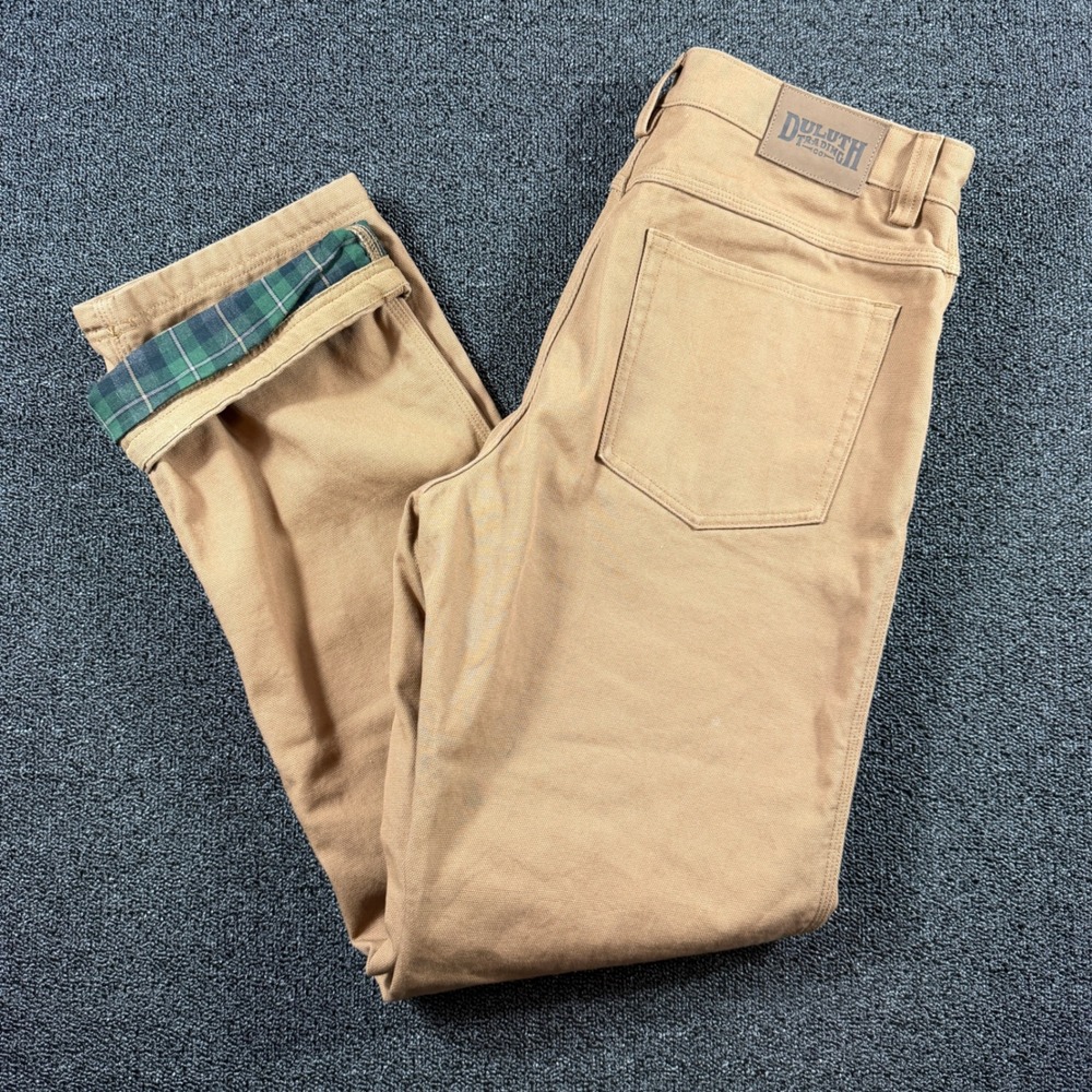 Duluth Trading Co Firehose Flannel Fleece Lined Canvas Pants Men 34x34 Tan Plaid